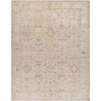 A beige and multicolor area rug with a vintage-inspired geometric pattern.