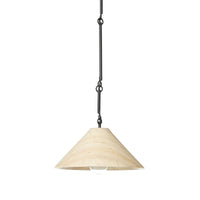A pendant light with a tapered cone shade made from ecru marble and antiqued iron hardware, against a white background.