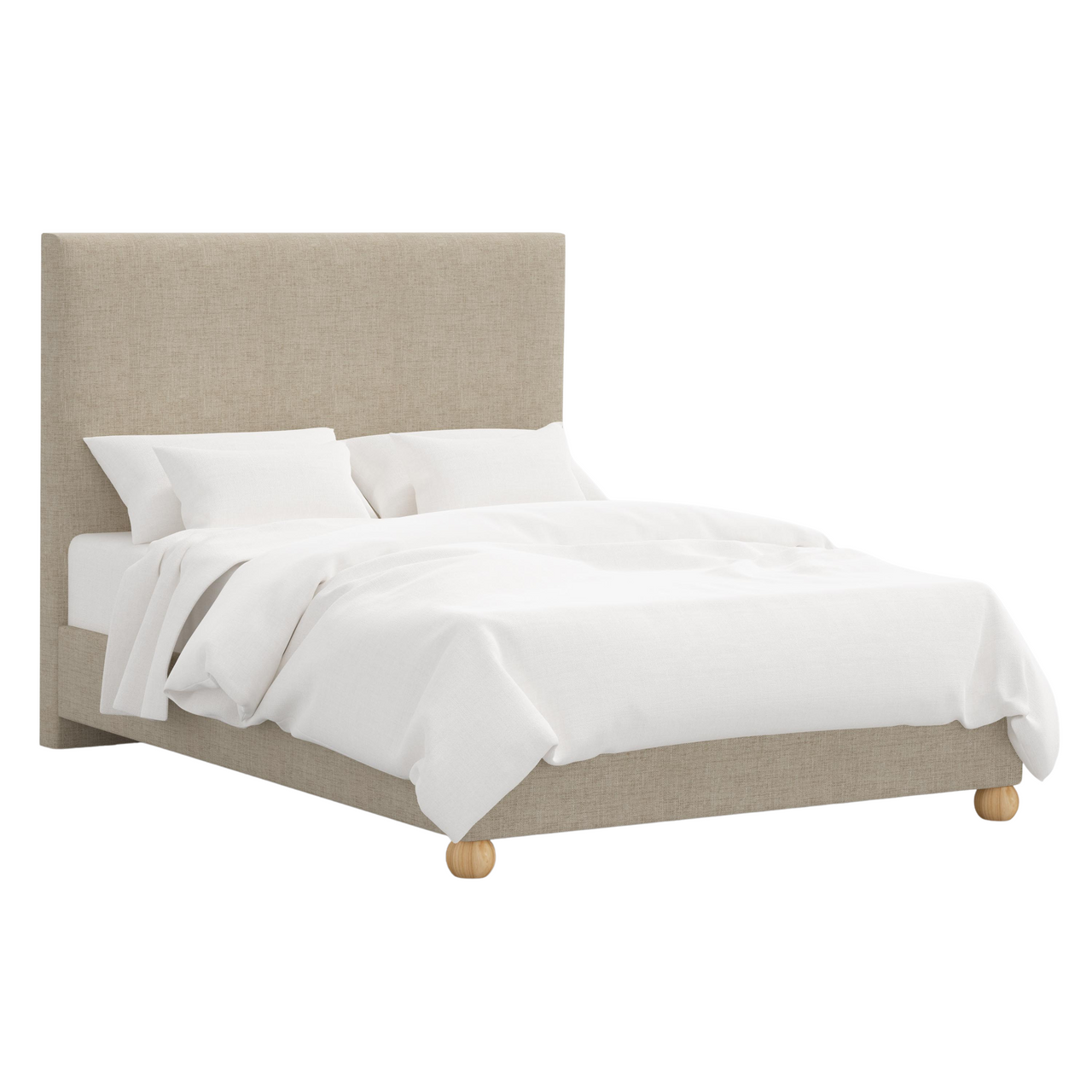 Beige upholstered bed with white bedding on a white background