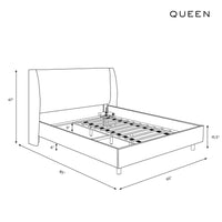 Line drawing of a queen-sized bed with dimensions labeled