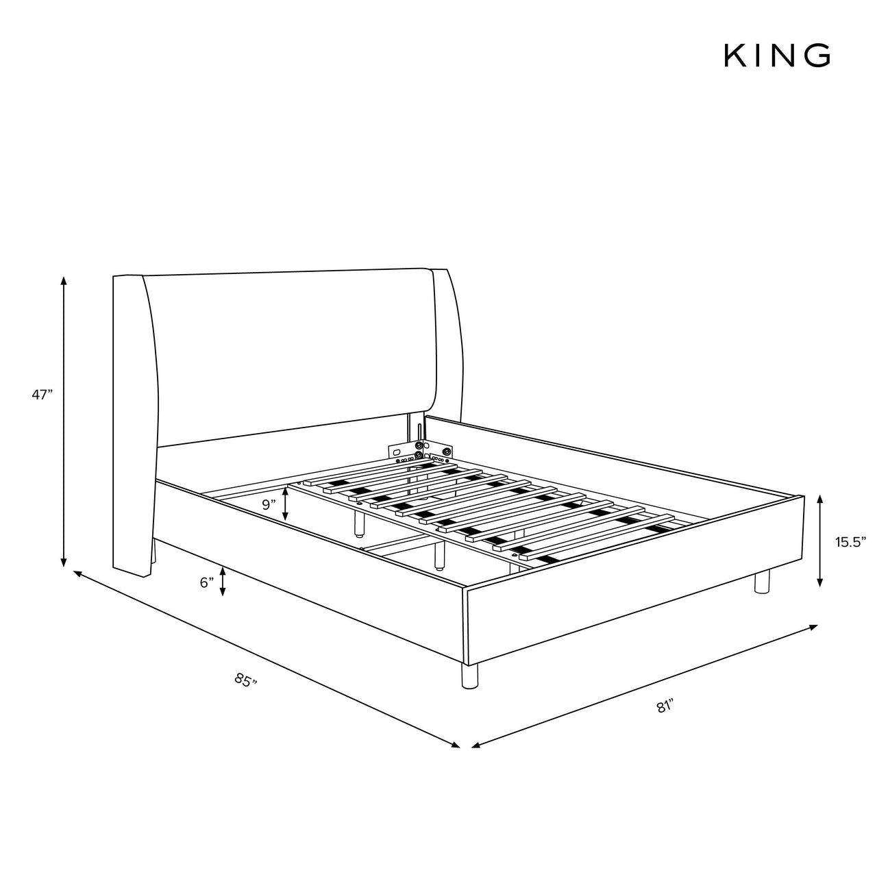 Line drawing of a king-sized bed with dimensions labeled