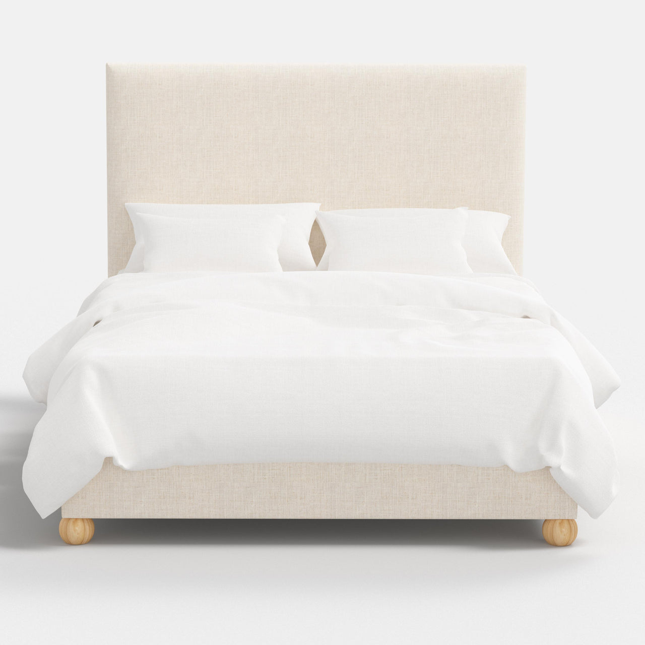 Beige upholstered bed with white bedding on a white background