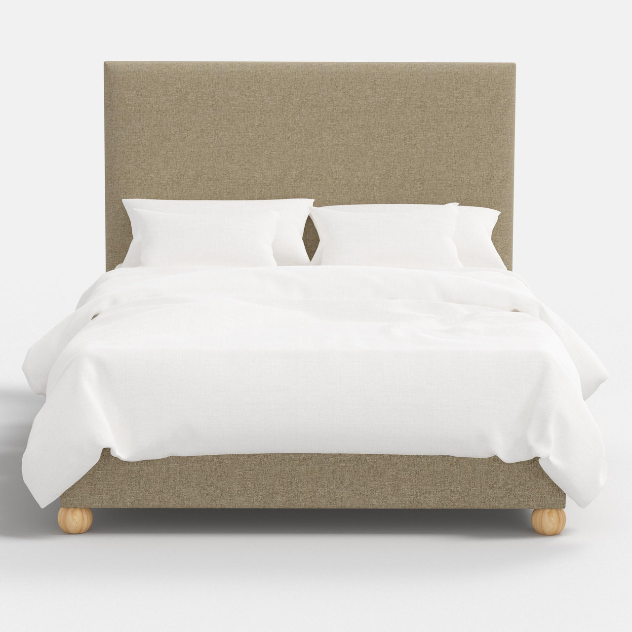 Beige upholstered bed with white bedding on a white background