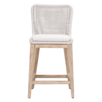 Bar stool with woven backrest and white cushion on a white background