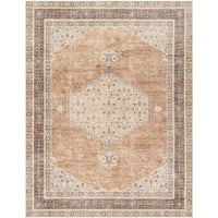 A traditional terracotta-colored rug with floral patterns and a central medallion design.