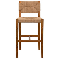 A brown counter stool with a woven seat and Teak wood frame.