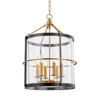A contemporary style ceiling-mounted lantern with glass panels and gold-colored metal frame and accents.