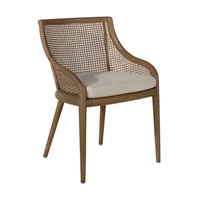 A brown dining chair with a cream cushion and woven rattan frame.