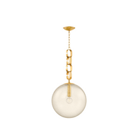A vintage brass chain pendant light with a seeded glass orb.