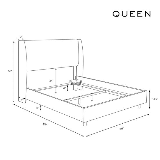Diagram of a queen-sized bed with dimensions labeled