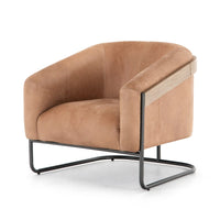 Brown armchair with black metal frame on a white background