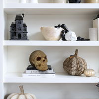 Decorative items on a shelf including a skull, pumpkins, and books.