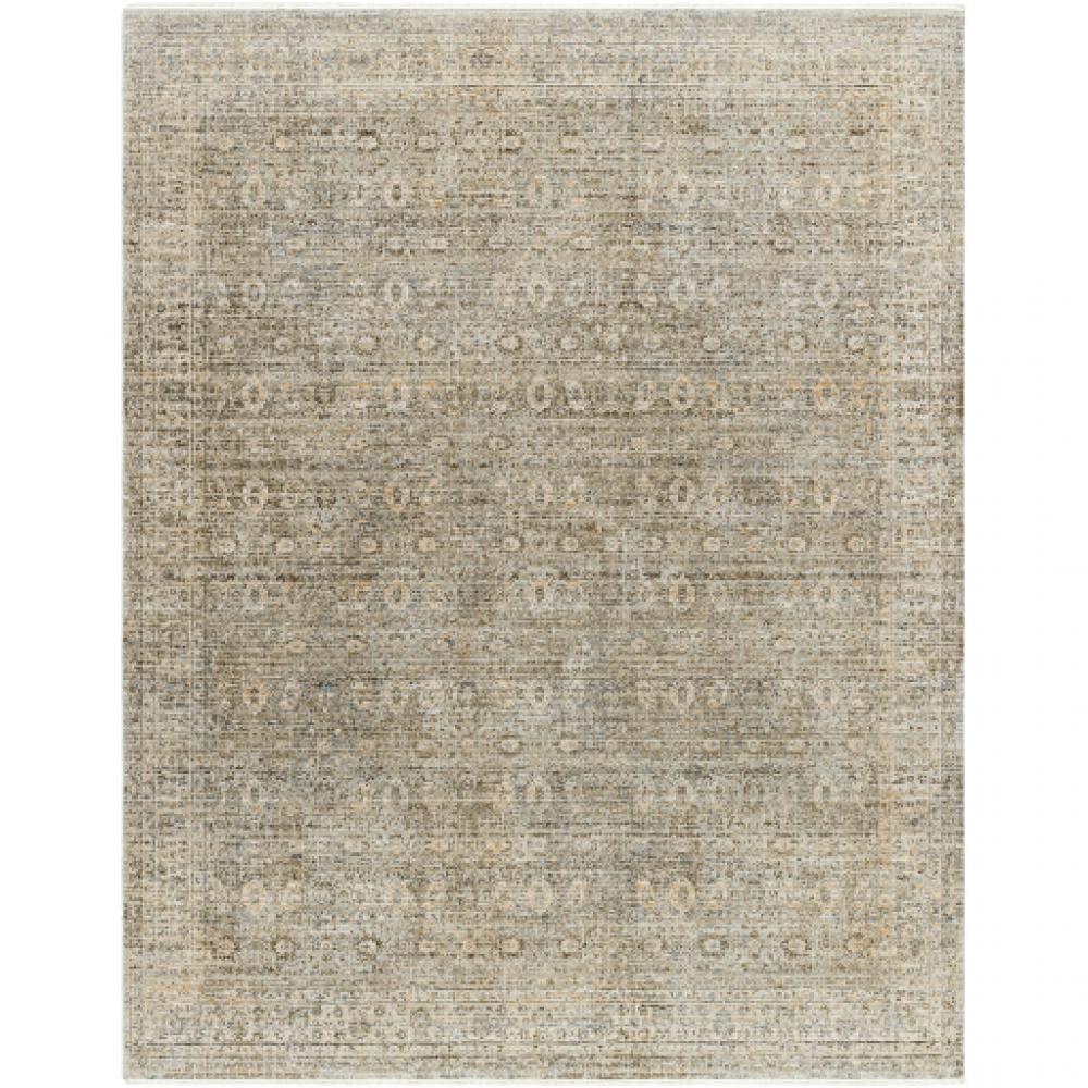 A rectangular Margaret area rug with a vintage floral design in darker neutral tones.