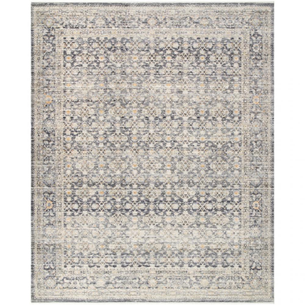 A rectangular Margaret area rug with a distressed vintage design, featuring a darker navy background with taupe and gray details.