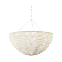 Beaded pendant light hanging against a white background