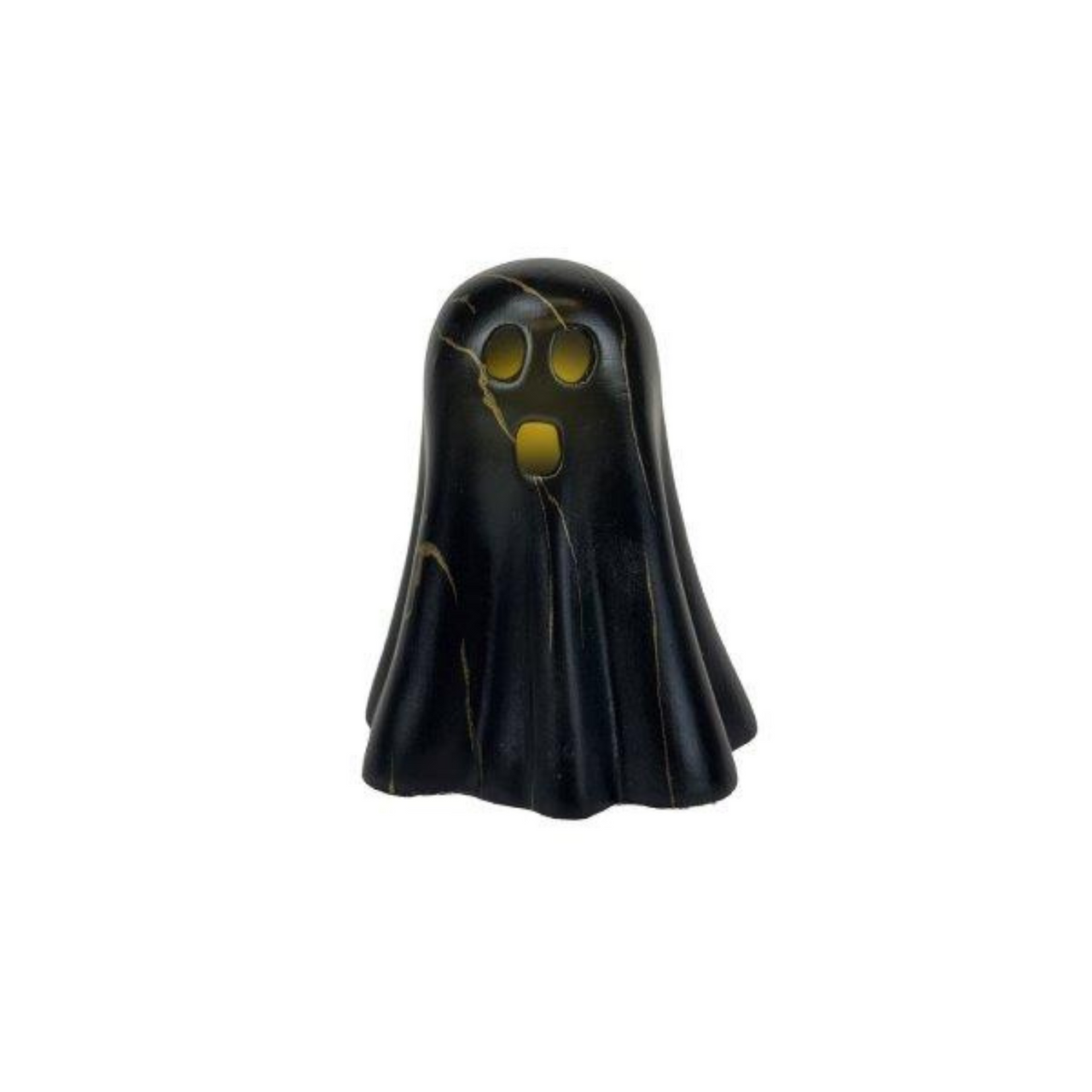 Black ghost figurine with yellow eyes on a white background