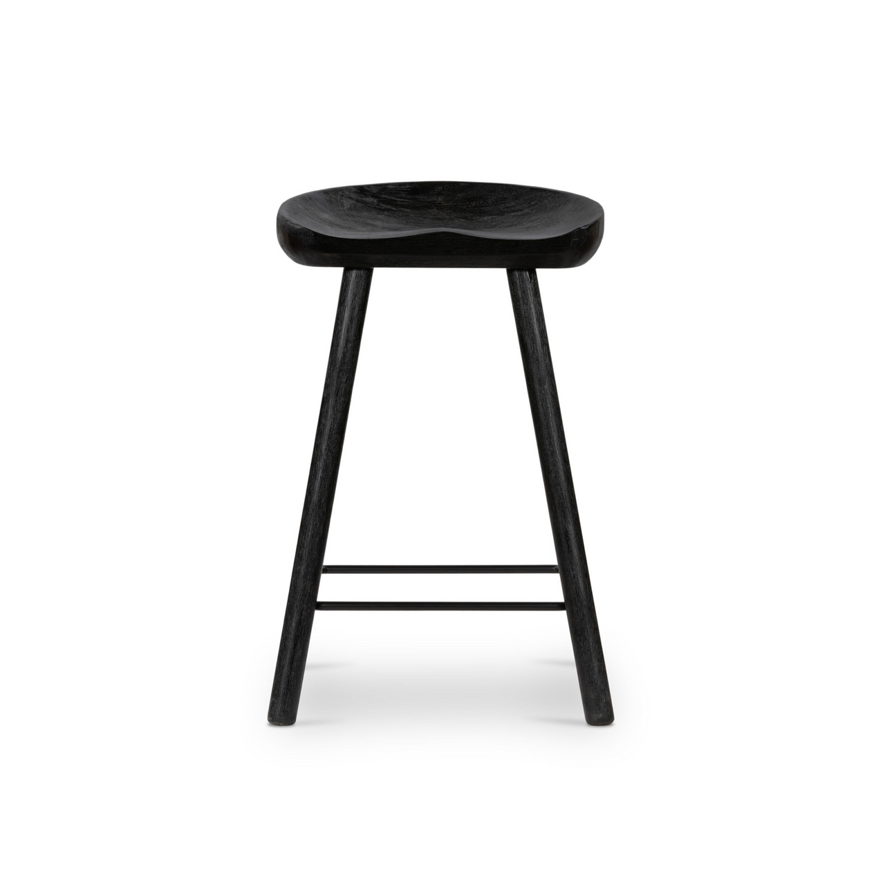 A black Bella Kitchen Stool with a smooth seat and sleek iron stretchers, set against a white background.