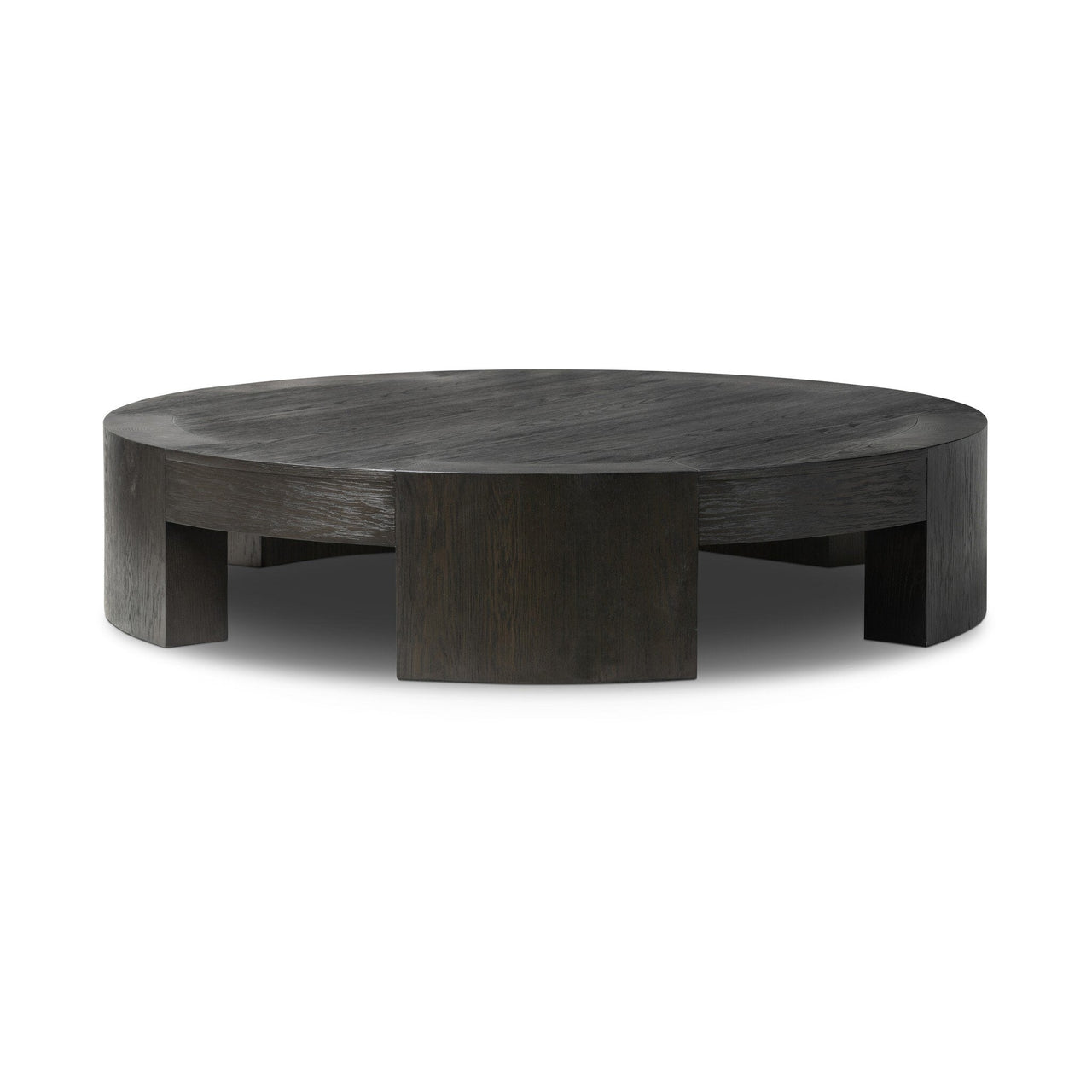 A round, charcoal-finished oak coffee table with five legs visible, set against a white background.