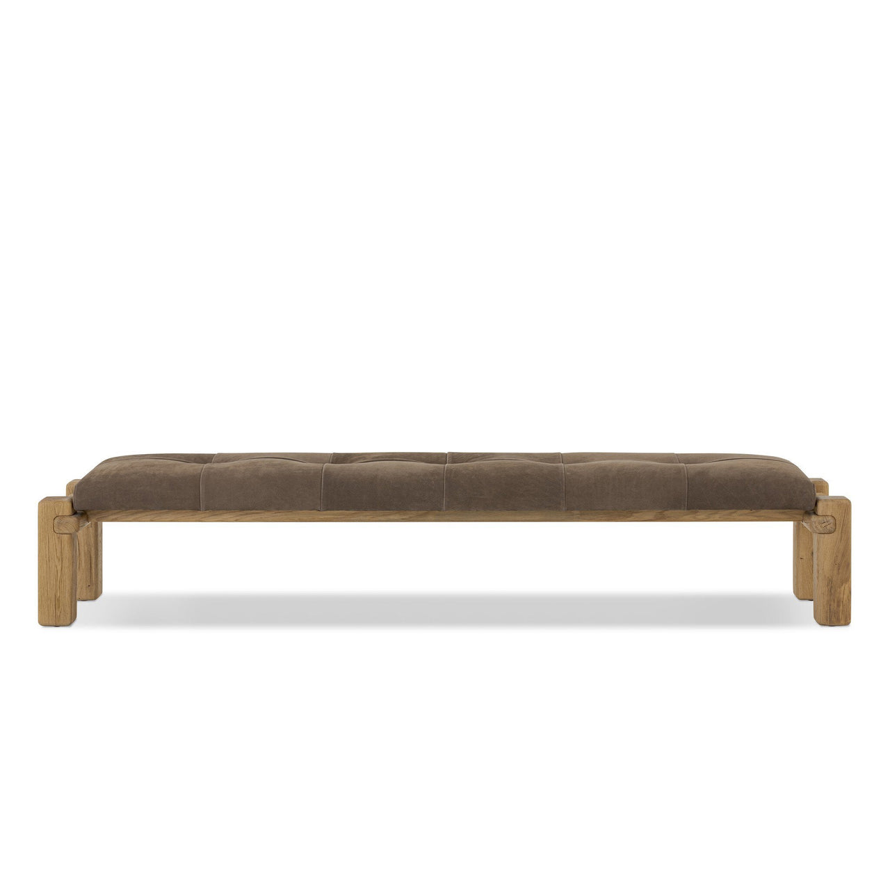 A brown upholstered bench with a cushioned top and wooden frame made from reclaimed French oak.