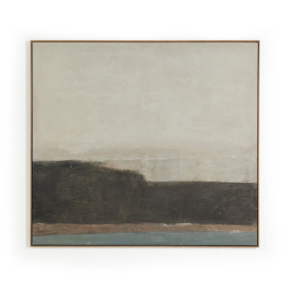 A textured painting featuring a serene landscape with a horizon line.
