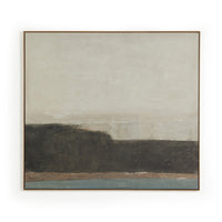 A textured painting featuring a serene landscape with a horizon line.