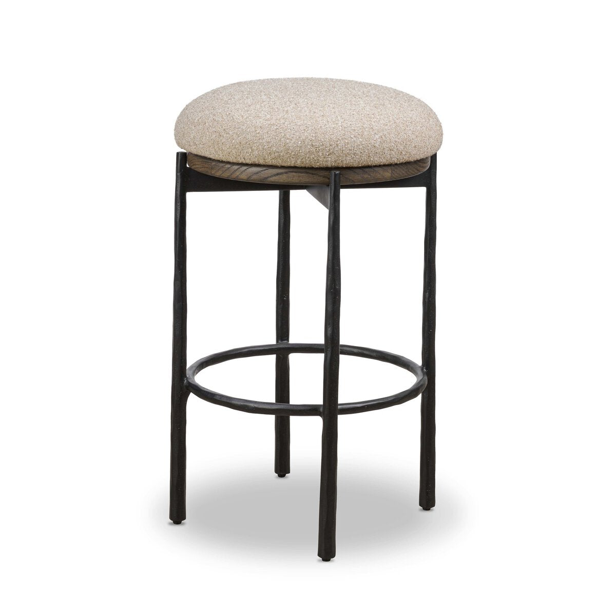 Bar stool with beige cushioned seat and black metal frame on a white background