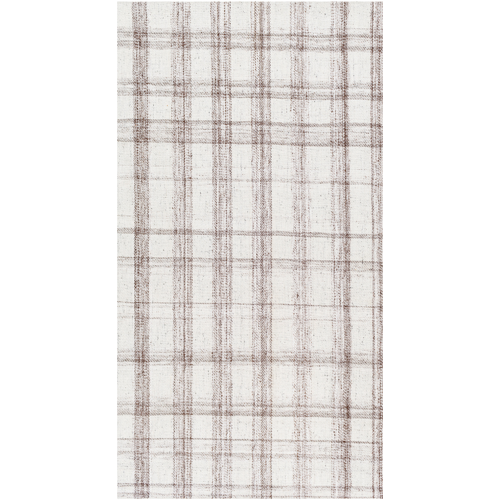 A rectangular, flatweave rug with a checkered plaid design in beige and brown colors.