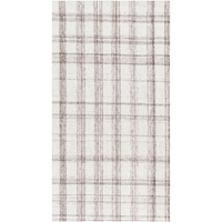 A rectangular, flatweave rug with a checkered plaid design in beige and brown colors.