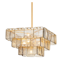 Modern chandelier with square glass panels on a white background