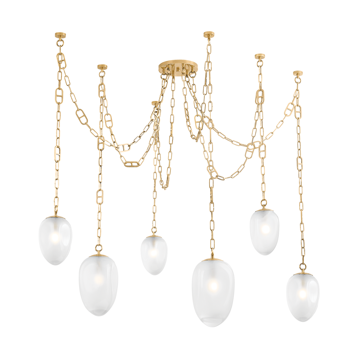 Chandelier with gold chains and white glass shades on a white background