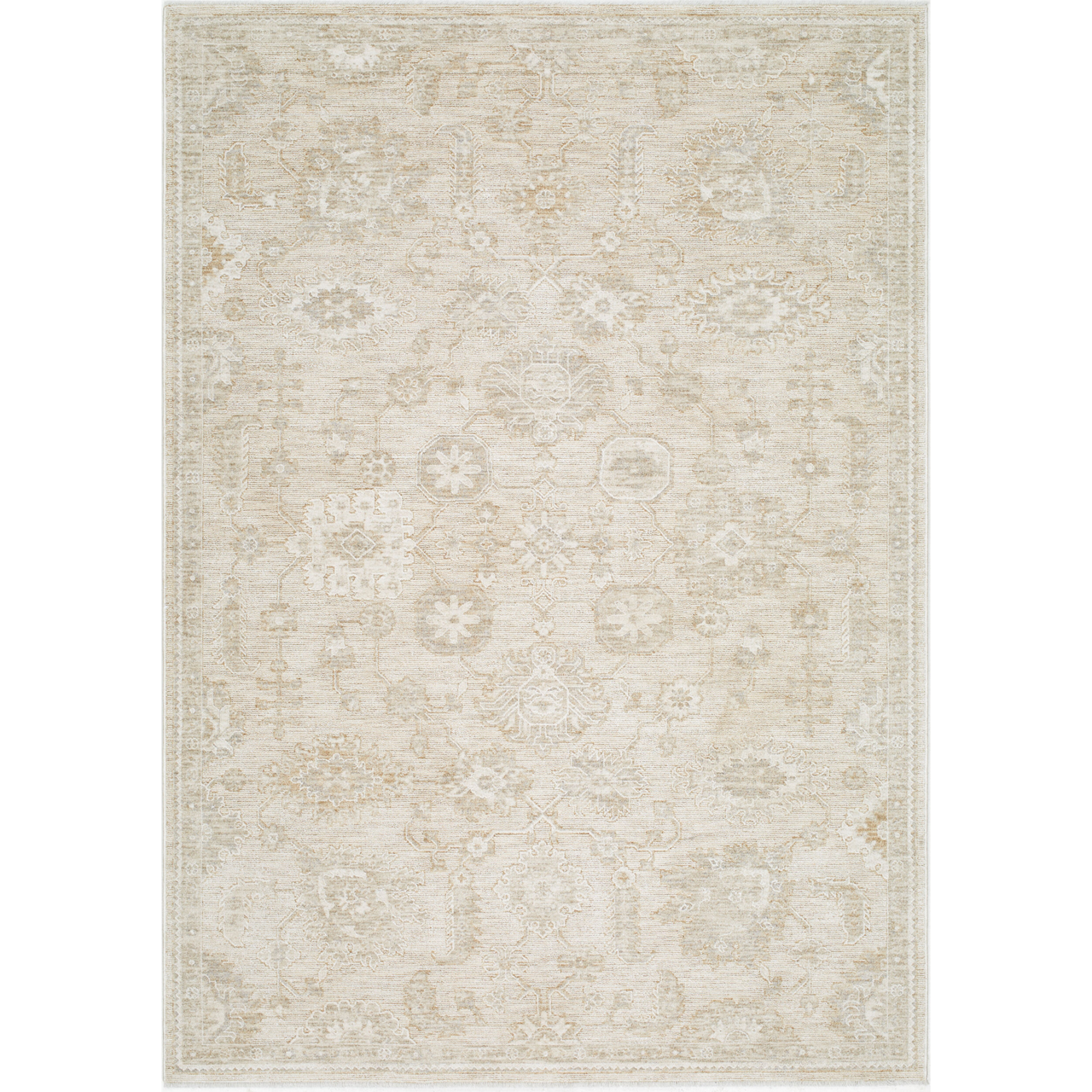A beige and white floral patterned rug.