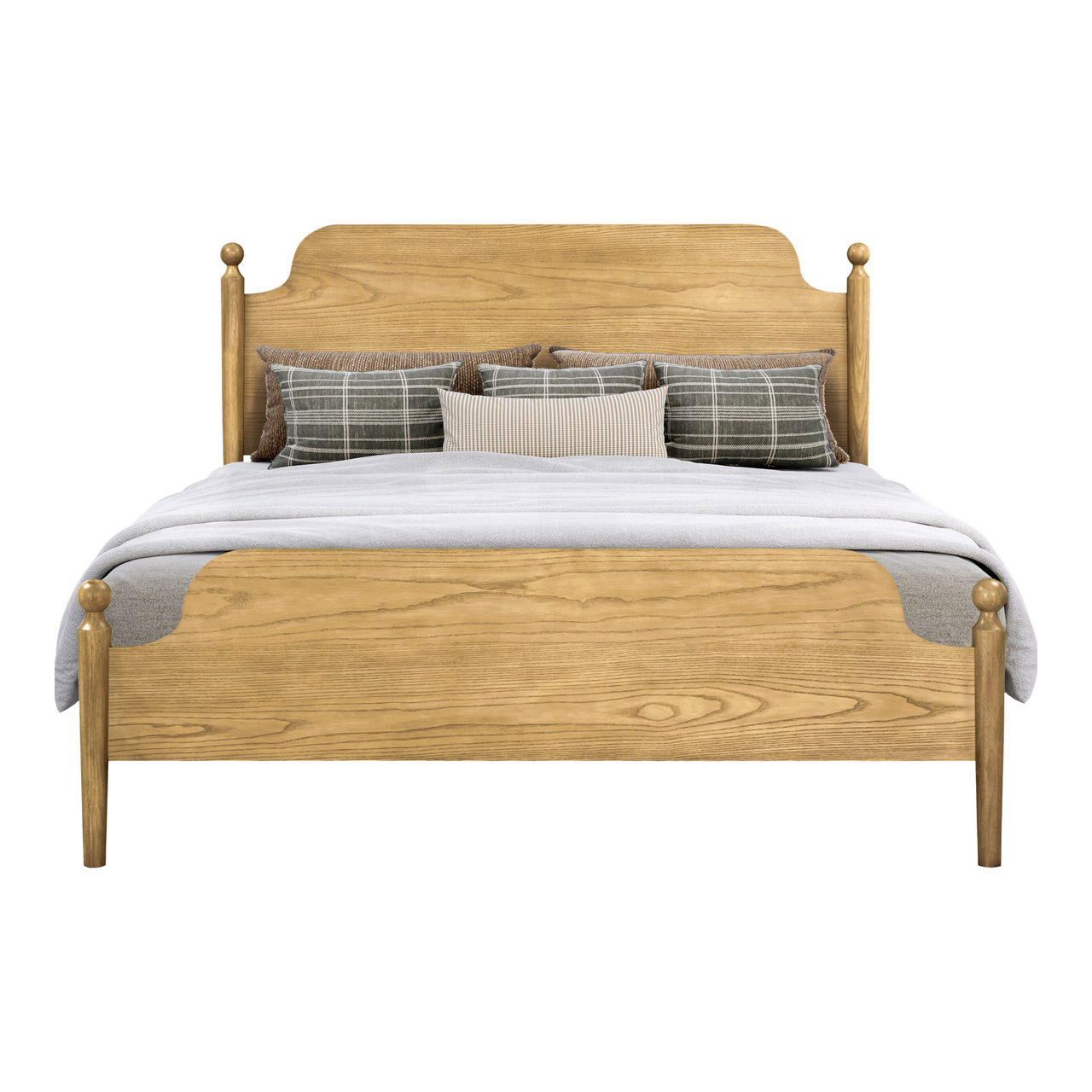 A wooden bed frame with a headboard and footboard, featuring a natural wood finish and spherical bed post caps, dressed with gray bedding and checkered throw pillows.