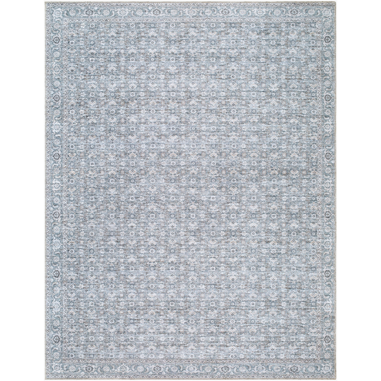 Gray area rug with a subtle pattern on a white background