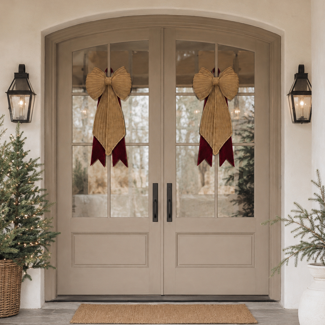 Arched double front doors with glass panes, decorated with two large straw bow ornaments with burgundy ribbon tails, set in a beige entryway with wall sconces, potted plants, and a doormat.