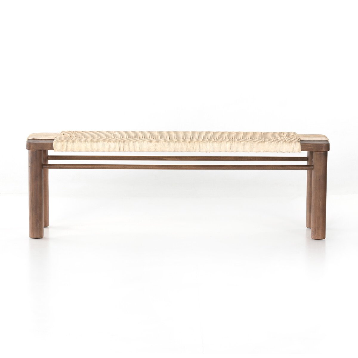 A low-profile frame bench with a russet mahogany wood frame and a handwoven vintage cotton rope seat.