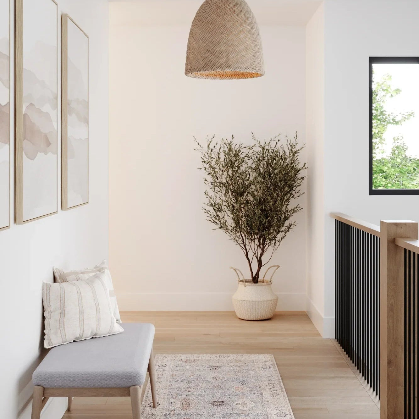 Modern interior with a bench, rug, plant, and pendant light.