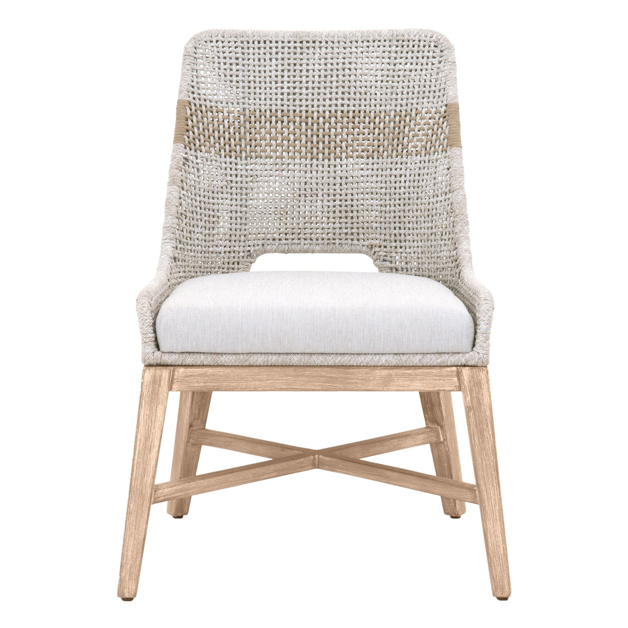 A dining chair with a solid mahogany base and a seat cushion upholstered in a woven rope design in taupe and white colors.