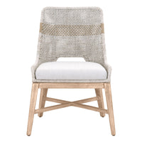A dining chair with a solid mahogany base and a seat cushion upholstered in a woven rope design in taupe and white colors.
