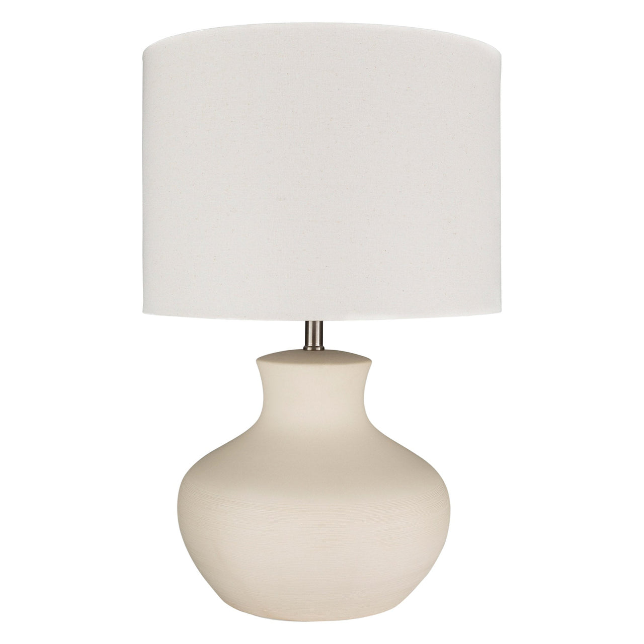 A beige Baldwin table lamp with a cylindrical linen shade and a cream glazed ceramic body, isolated on a white background.